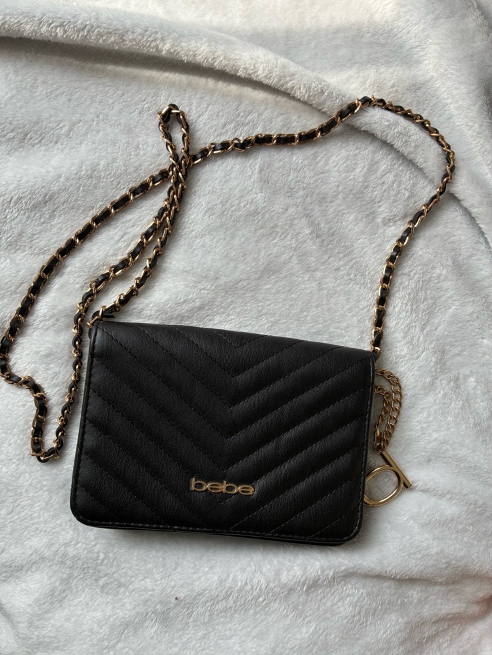 bebe Black Quilted Crossbody with Gold Chain Strap